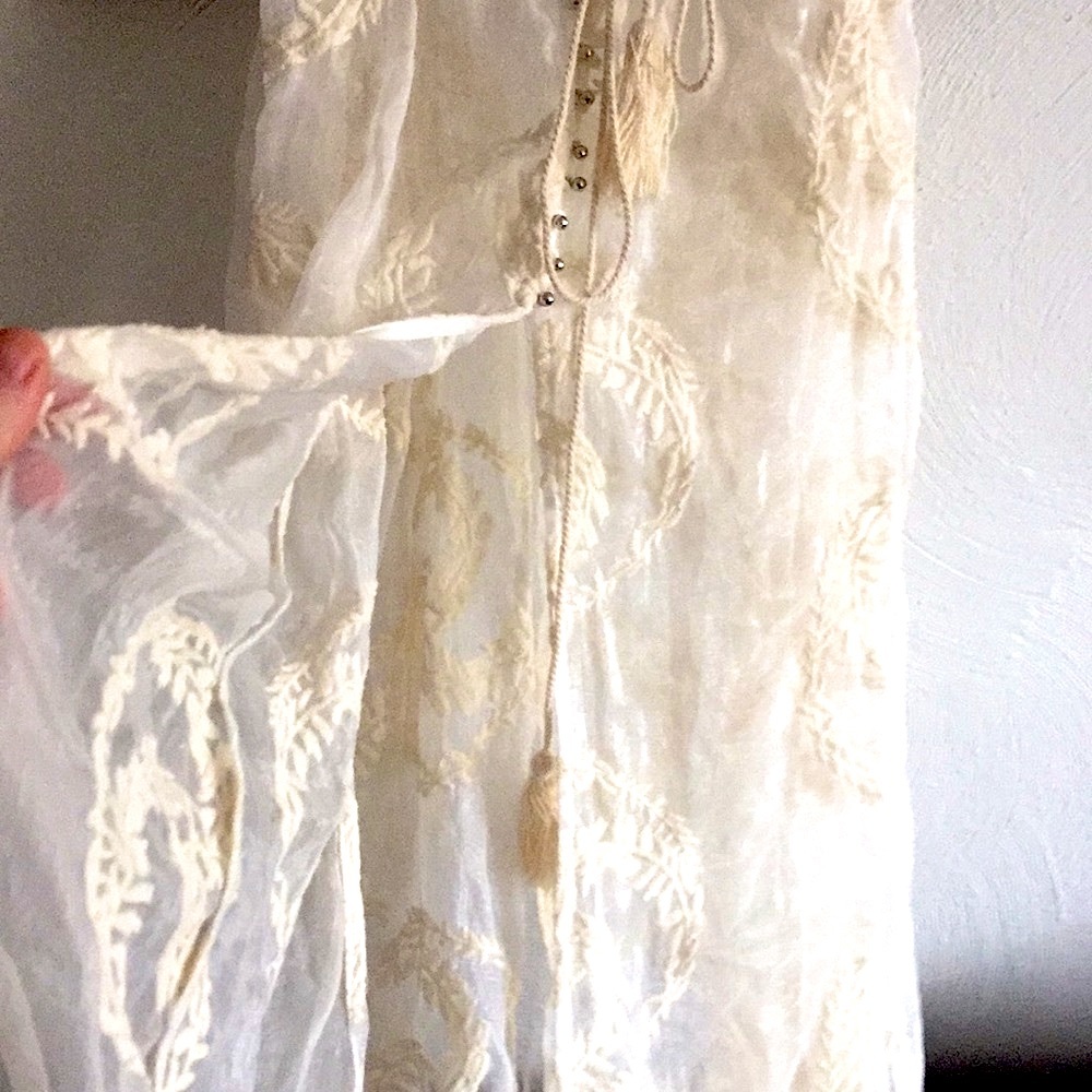 BOHO IVORY EMBROIDERED LONG KIMONO DRESS SHEER ADJUSTABLE KAFTAN S M L - Picture 9 of 12
